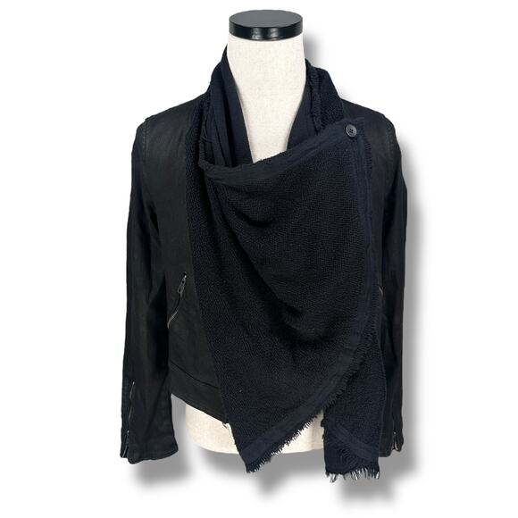 Free People Drape Front Moto Jacket Women’s 8 Black Denim Cotton Long Sleeve - Picture 1 of 11